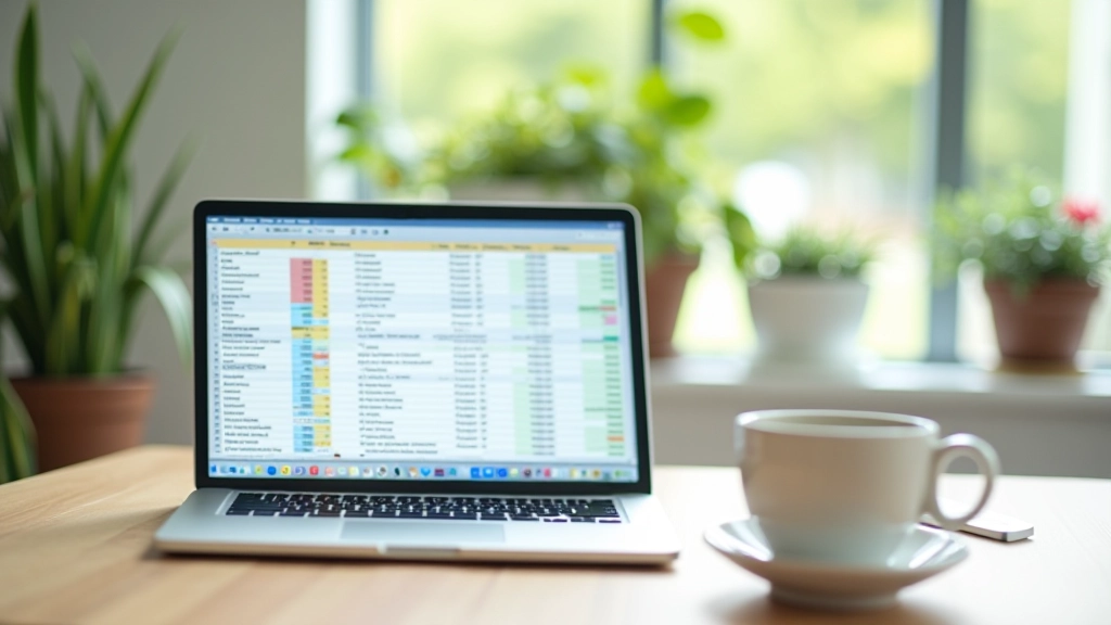 Laptop screen showing Google Sheets budget template with color-coded categories, cup of tea beside keyboard, minimalist desk setup