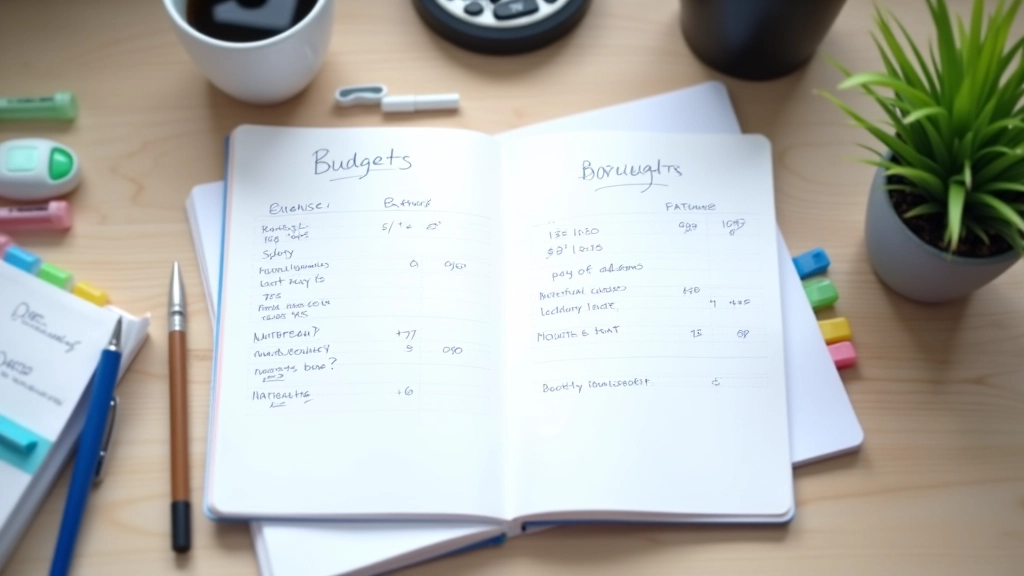 Notebook with handwritten budget categories and colored expense tracking notes