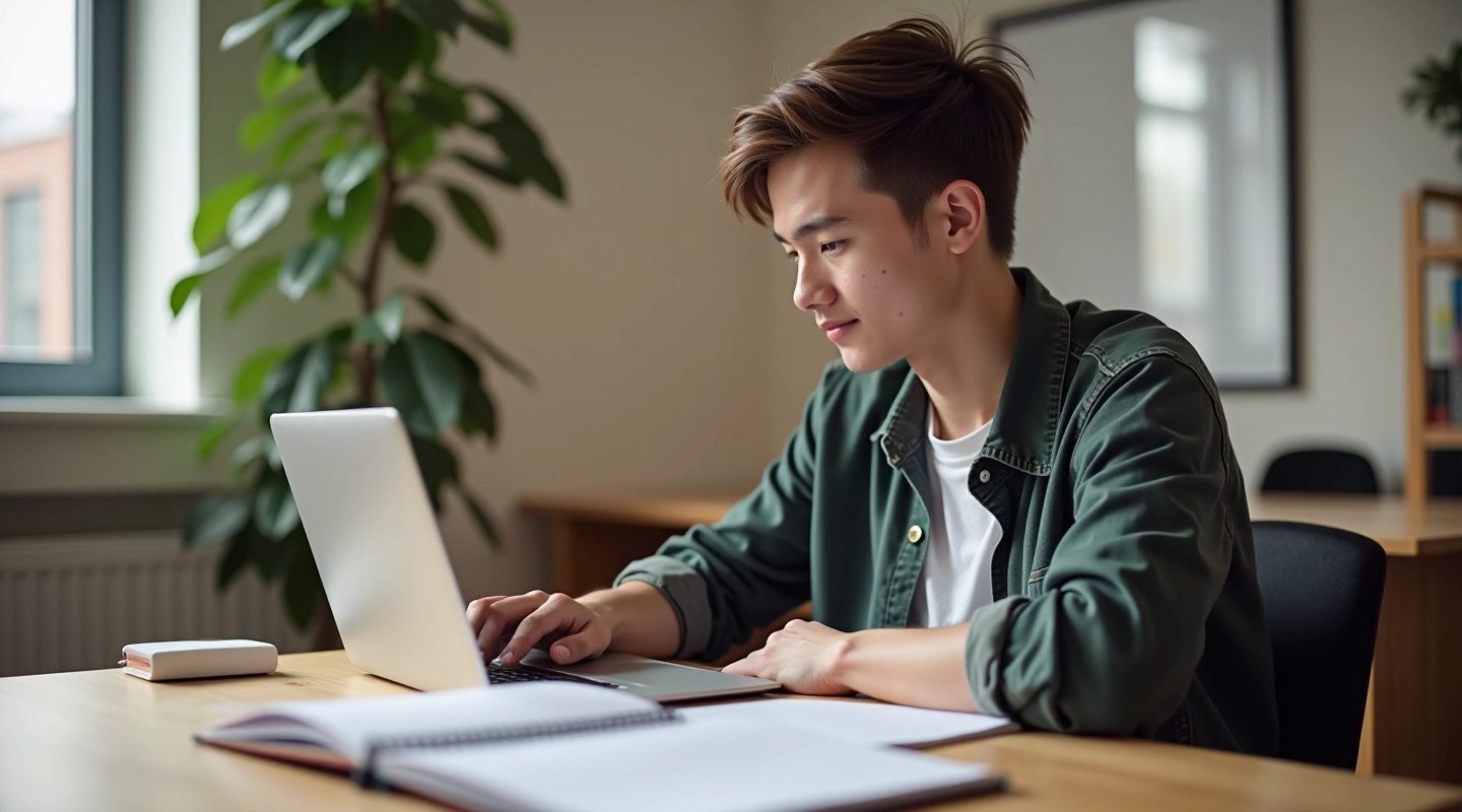 Student working on budgeting and expense tracking at desk with laptop and notebook