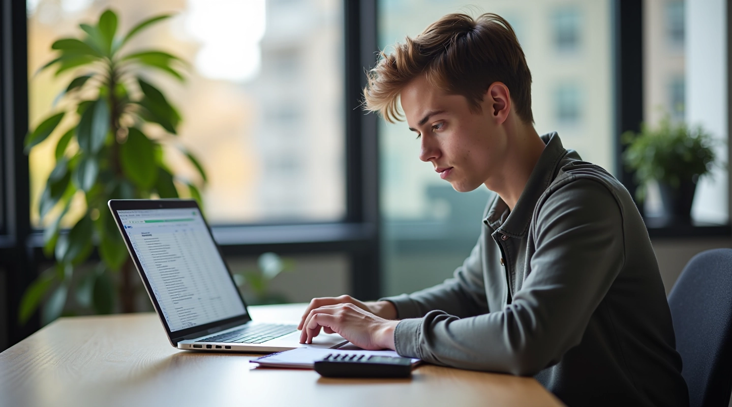 Student working at desk setting up first budget spreadsheet in Google Sheets