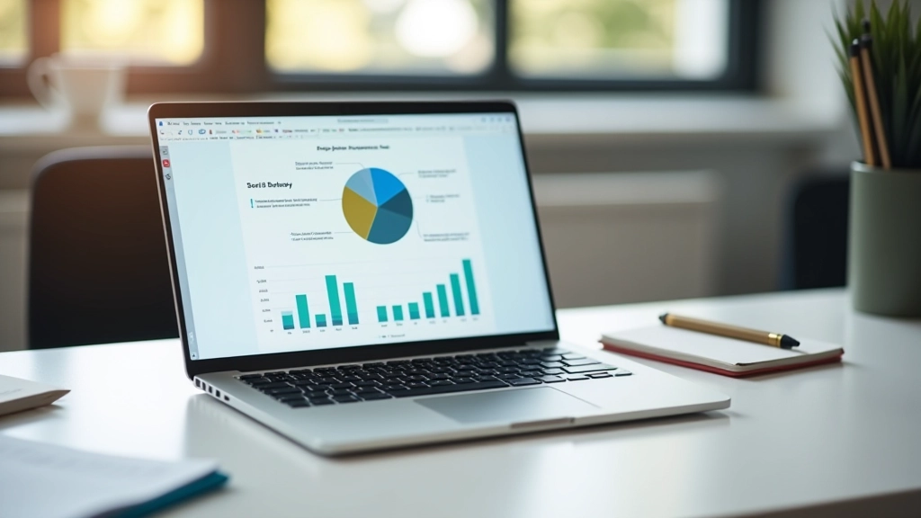 Student reviewing monthly expense report with pie chart showing spending breakdown by category on screen